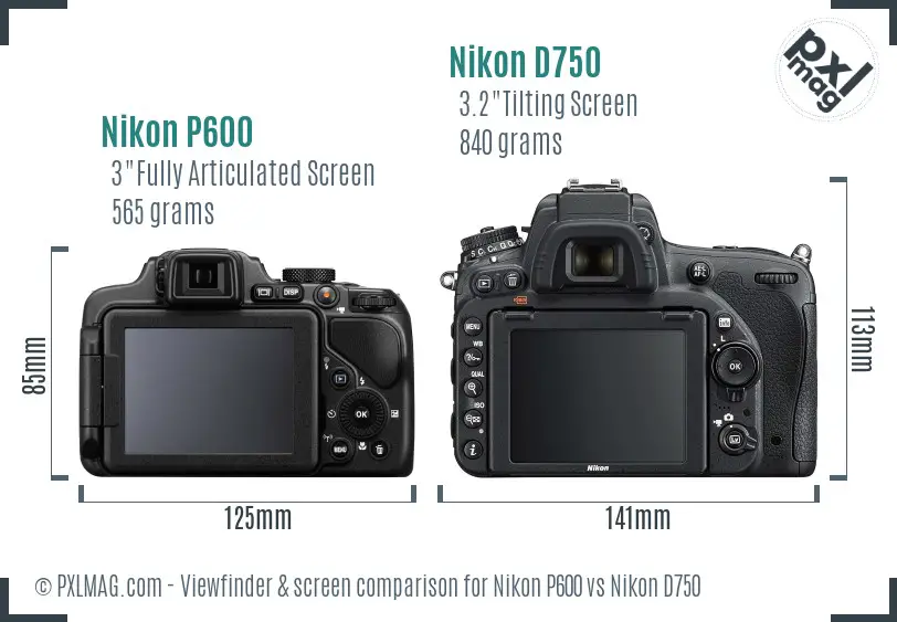 Nikon P600 vs Nikon D750 Screen and Viewfinder comparison