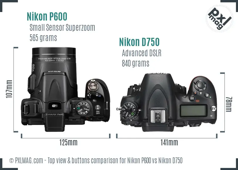 Nikon P600 vs Nikon D750 top view buttons comparison