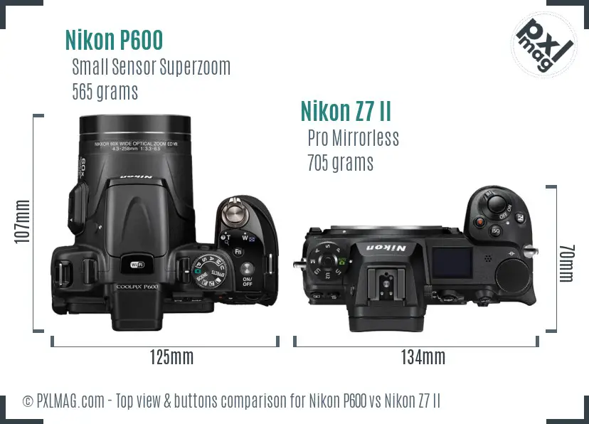 Nikon P600 vs Nikon Z7 II top view buttons comparison