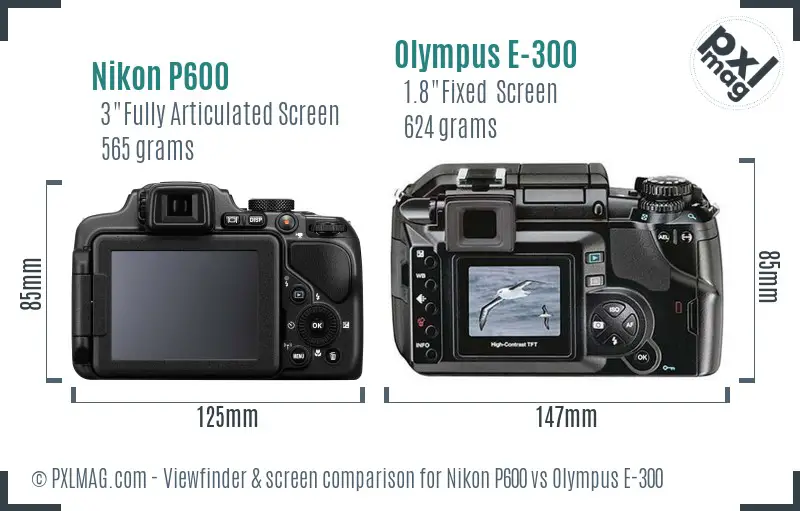Nikon P600 vs Olympus E-300 Screen and Viewfinder comparison