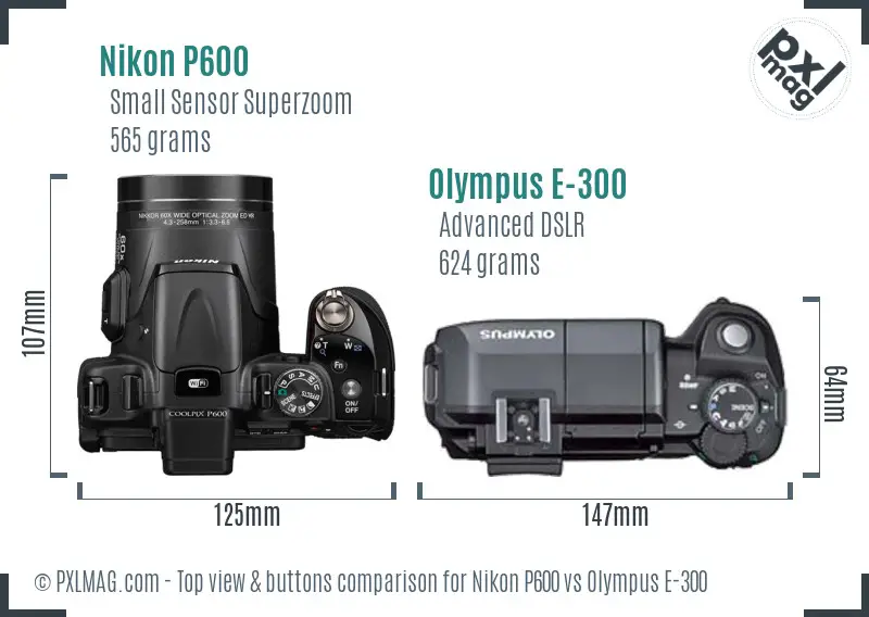 Nikon P600 vs Olympus E-300 top view buttons comparison