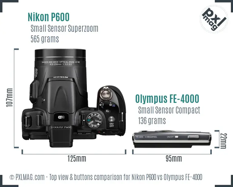 Nikon P600 vs Olympus FE-4000 top view buttons comparison
