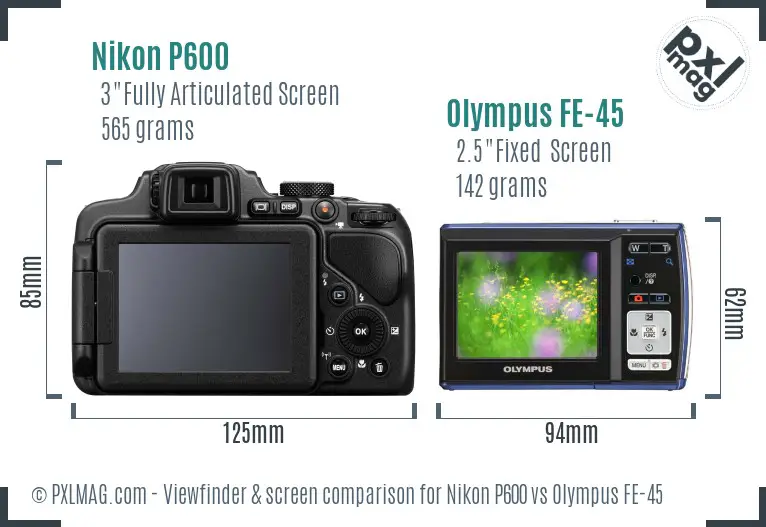 Nikon P600 vs Olympus FE-45 Screen and Viewfinder comparison