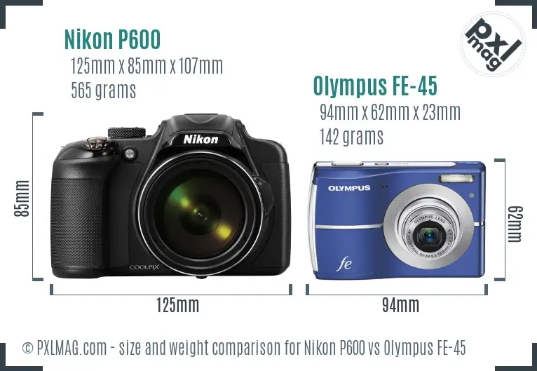 Nikon P600 vs Olympus FE-45 size comparison