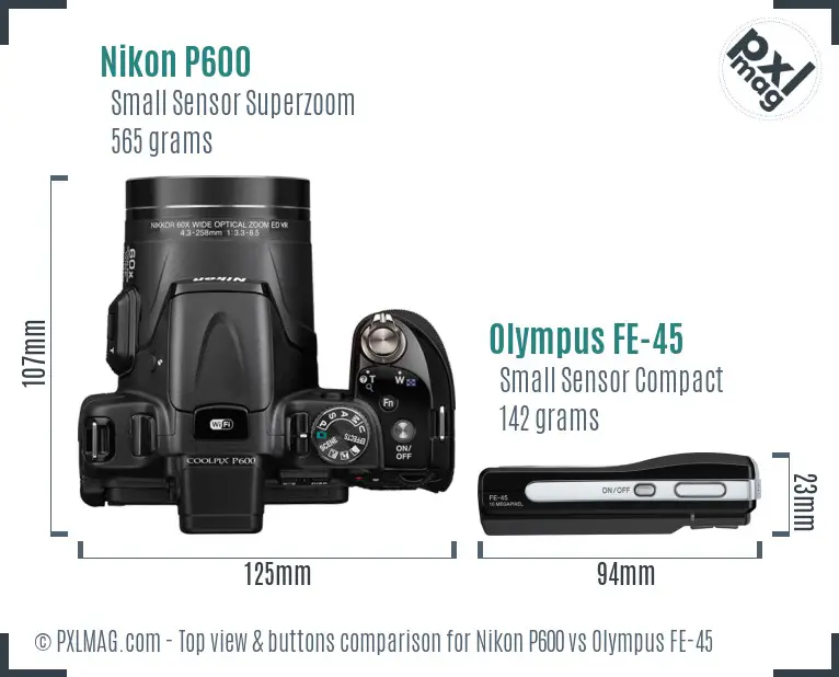 Nikon P600 vs Olympus FE-45 top view buttons comparison