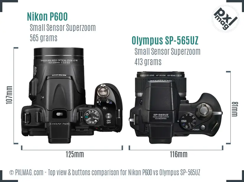 Nikon P600 vs Olympus SP-565UZ top view buttons comparison