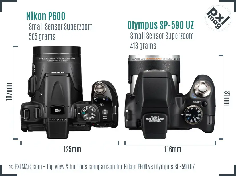Nikon P600 vs Olympus SP-590 UZ top view buttons comparison