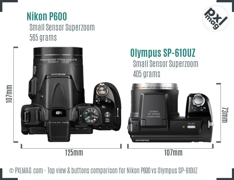 Nikon P600 vs Olympus SP-610UZ top view buttons comparison