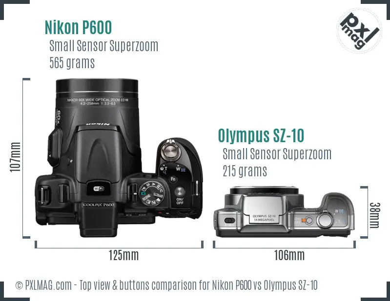Nikon P600 vs Olympus SZ-10 top view buttons comparison Nikon P600 vs Olympus SZ-10 top view buttons comparison