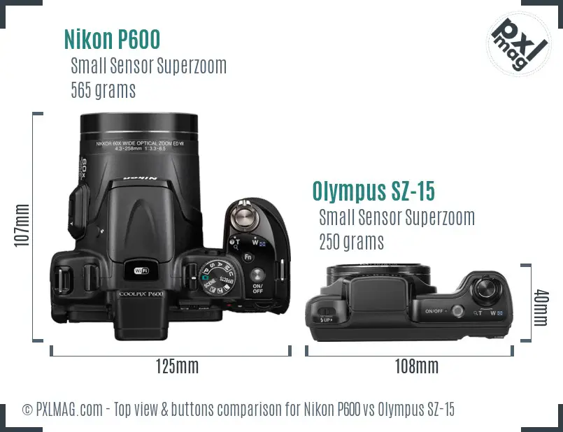 Nikon P600 vs Olympus SZ-15 top view buttons comparison