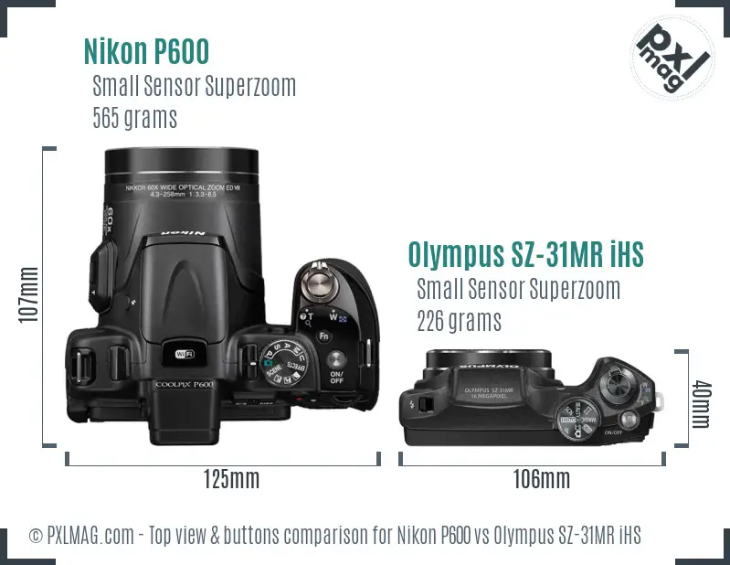 Nikon P600 vs Olympus SZ-31MR iHS top view buttons comparison