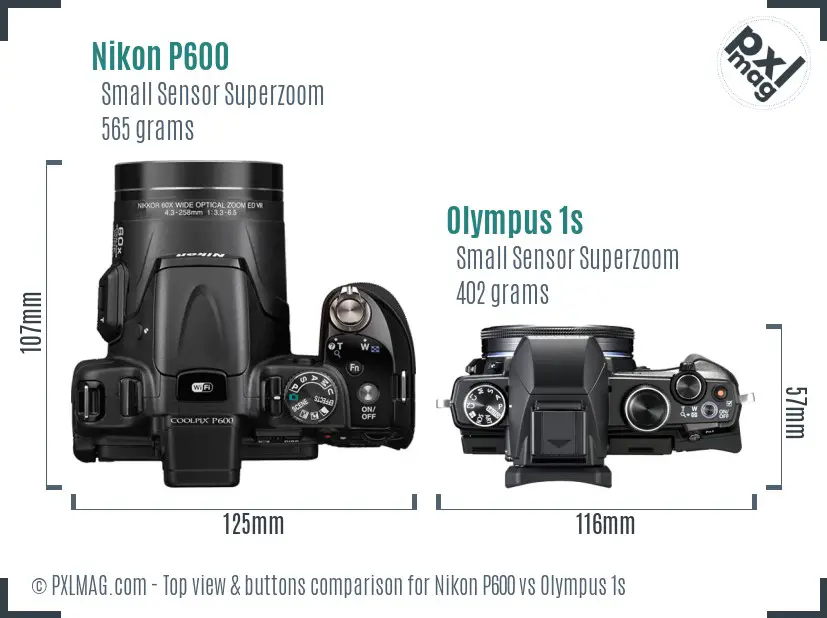 Nikon P600 vs Olympus 1s top view buttons comparison Nikon P600 vs Olympus 1s top view buttons comparison