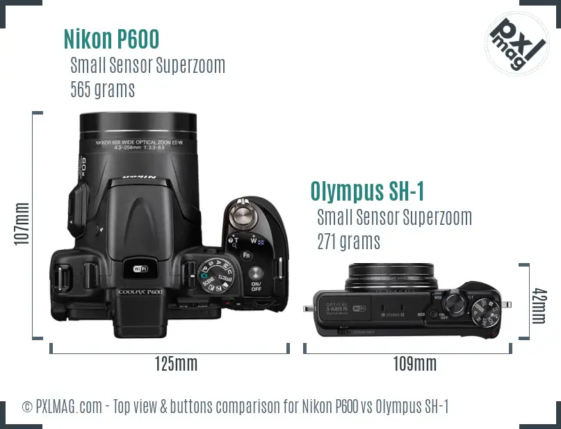 Nikon P600 vs Olympus SH-1 top view buttons comparison Nikon P600 vs Olympus SH-1 top view buttons comparison