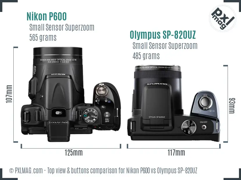 Nikon P600 vs Olympus SP-820UZ top view buttons comparison Nikon P600 vs Olympus SP-820UZ top view buttons comparison
