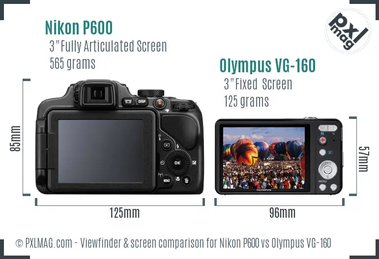 Nikon P600 vs Olympus VG-160 Screen and Viewfinder comparison