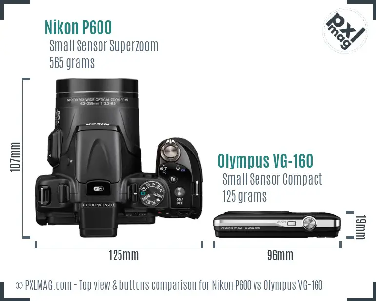 Nikon P600 vs Olympus VG-160 top view buttons comparison