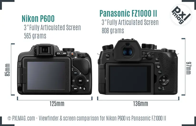 Nikon P600 vs Panasonic FZ1000 II Screen and Viewfinder comparison