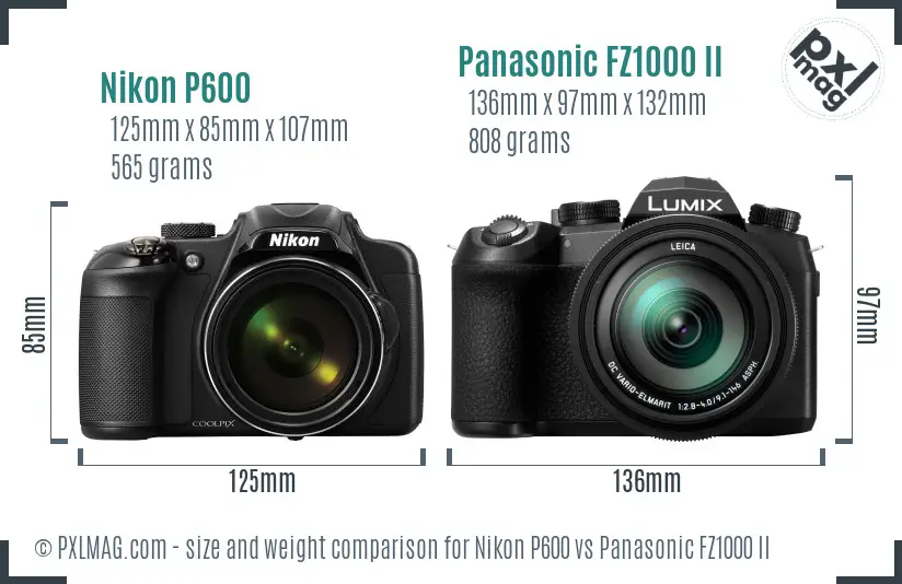 Nikon P600 vs Panasonic FZ1000 II size comparison
