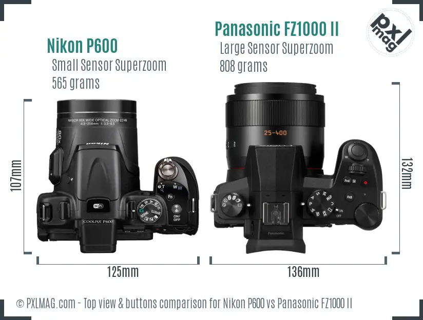Nikon P600 vs Panasonic FZ1000 II top view buttons comparison