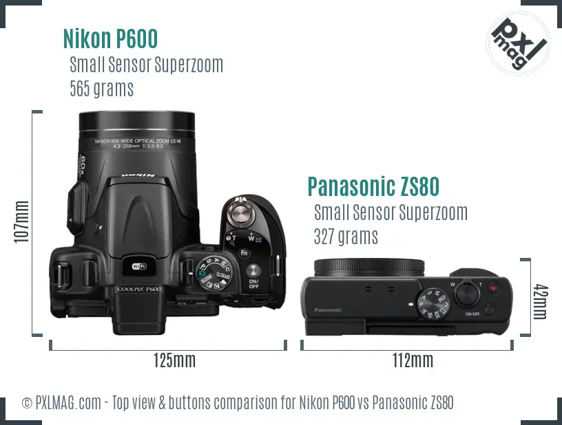 Nikon P600 vs Panasonic ZS80 top view buttons comparison