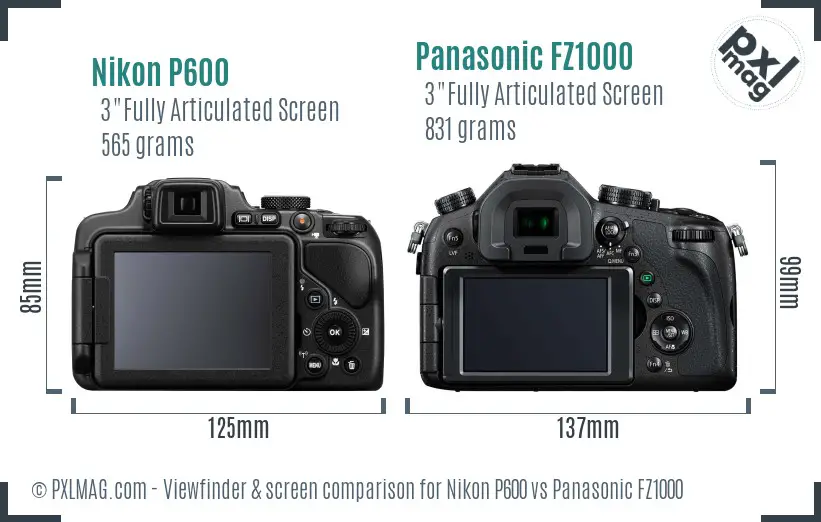 Nikon P600 vs Panasonic FZ1000 Screen and Viewfinder comparison