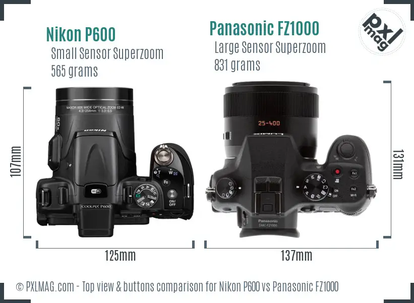 Nikon P600 vs Panasonic FZ1000 top view buttons comparison