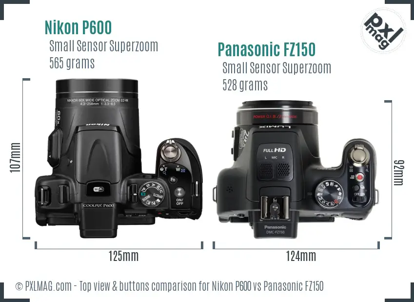 Nikon P600 vs Panasonic FZ150 top view buttons comparison Nikon P600 vs Panasonic FZ150 top view buttons comparison