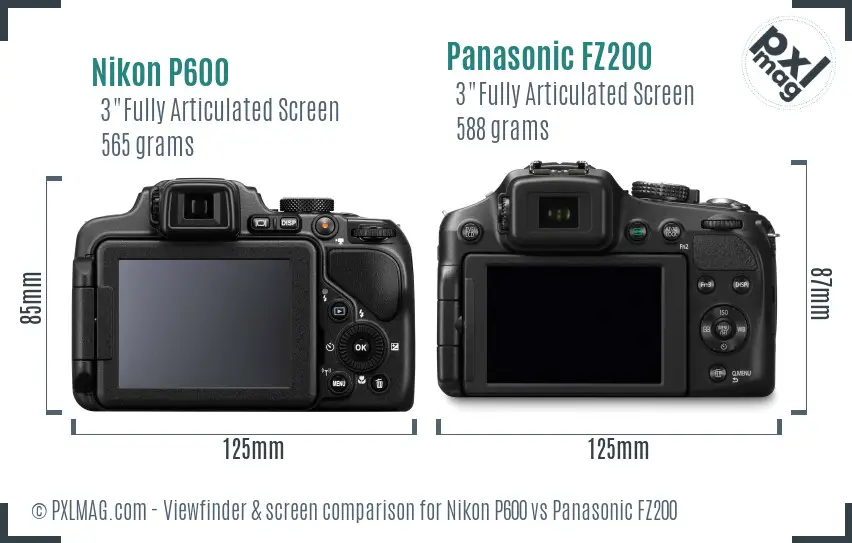 Nikon P600 vs Panasonic FZ200 Screen and Viewfinder comparison