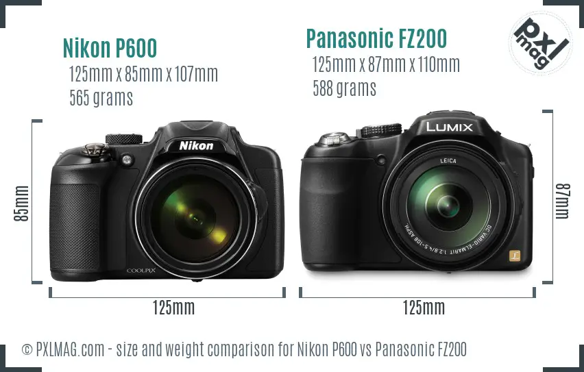 Nikon P600 vs Panasonic FZ200 size comparison