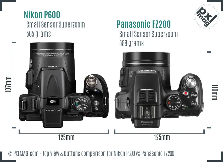 Nikon P600 vs Panasonic FZ200 top view buttons comparison