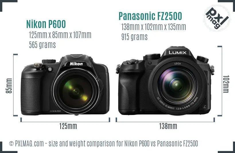 Nikon P600 vs Panasonic FZ2500 size comparison