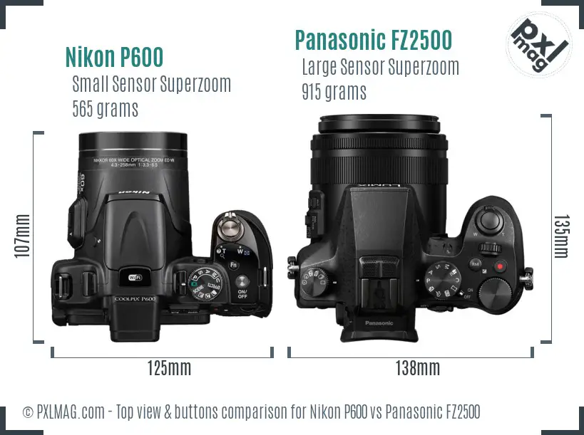 Nikon P600 vs Panasonic FZ2500 top view buttons comparison