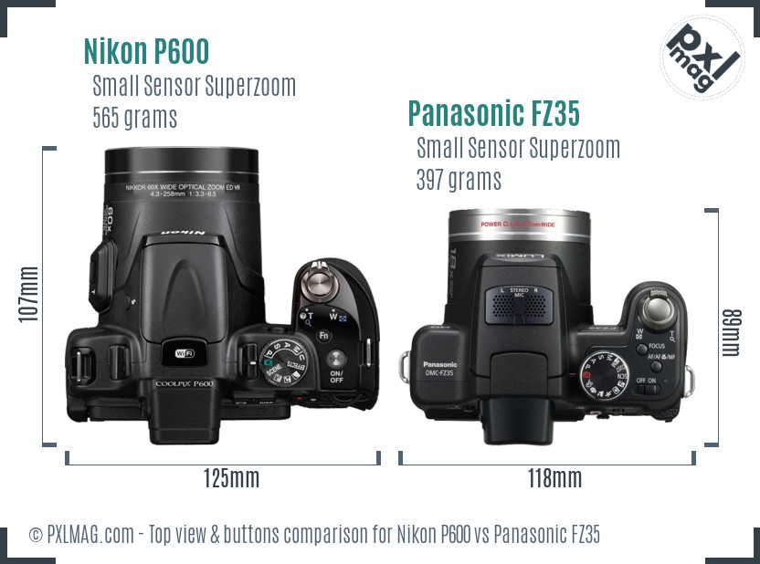 Nikon P600 vs Panasonic FZ35 top view buttons comparison