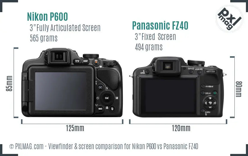 Nikon P600 vs Panasonic FZ40 Screen and Viewfinder comparison