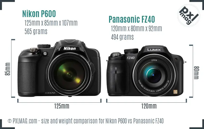 Nikon P600 vs Panasonic FZ40 size comparison
