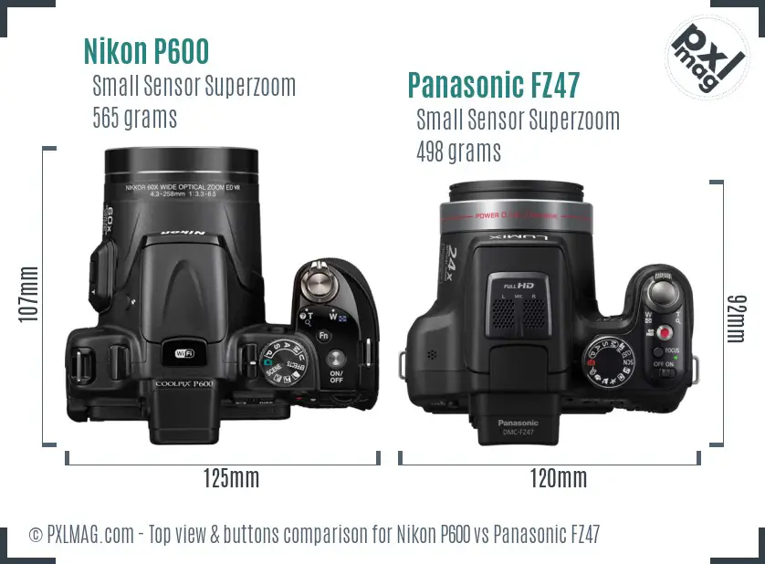 Nikon P600 vs Panasonic FZ47 top view buttons comparison Nikon P600 vs Panasonic FZ47 top view buttons comparison