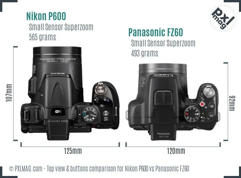 Nikon P600 vs Panasonic FZ60 top view buttons comparison