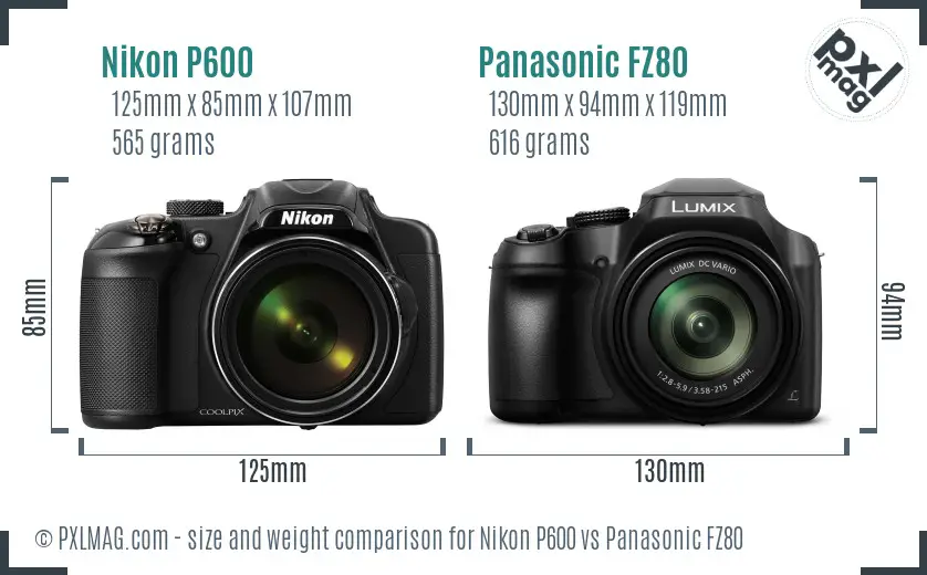 Nikon P600 vs Panasonic FZ80 size comparison