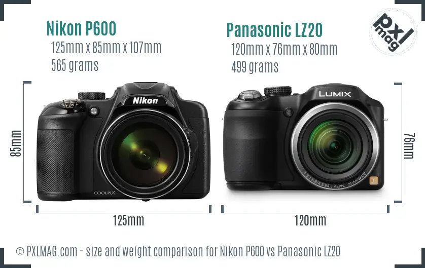 Nikon P600 vs Panasonic LZ20 size comparison