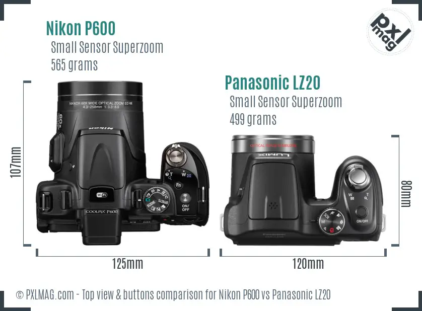 Nikon P600 vs Panasonic LZ20 top view buttons comparison