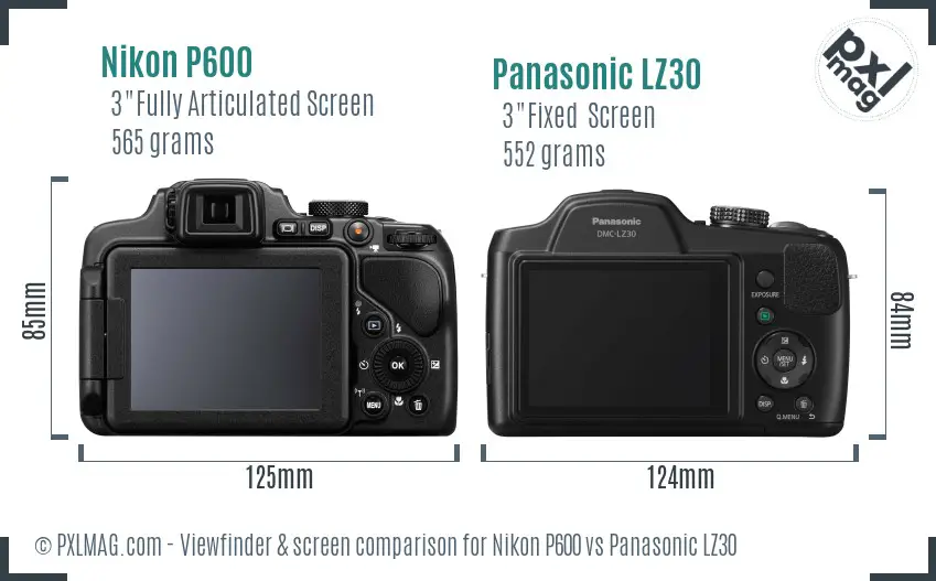 Nikon P600 vs Panasonic LZ30 Screen and Viewfinder comparison