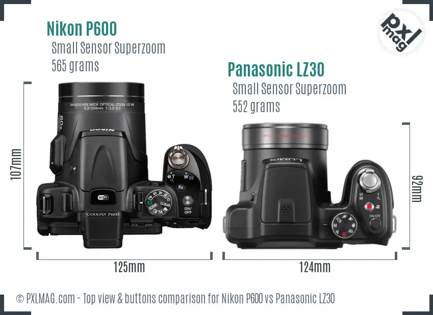 Nikon P600 vs Panasonic LZ30 top view buttons comparison