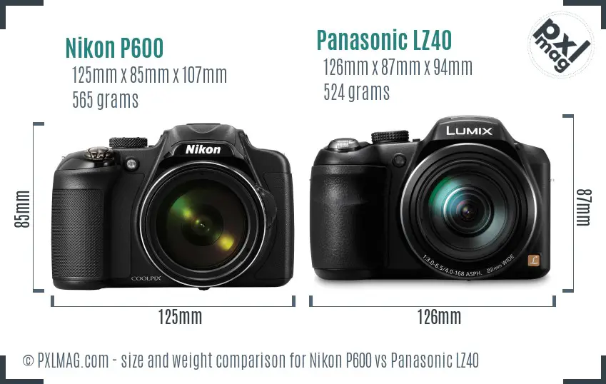 Nikon P600 vs Panasonic LZ40 size comparison