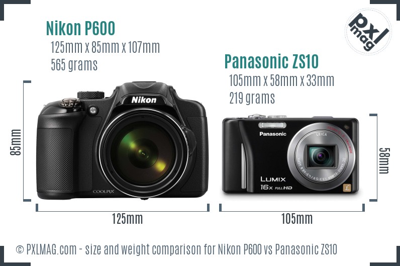 Nikon P600 vs Panasonic ZS10 size comparison