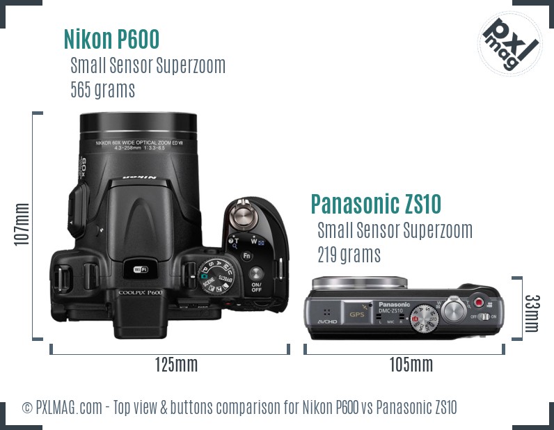 Nikon P600 vs Panasonic ZS10 top view buttons comparison