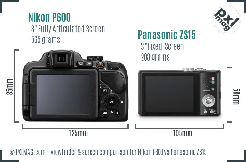 Nikon P600 vs Panasonic ZS15 Screen and Viewfinder comparison