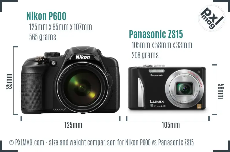 Nikon P600 vs Panasonic ZS15 size comparison