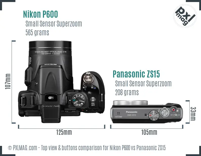 Nikon P600 vs Panasonic ZS15 top view buttons comparison