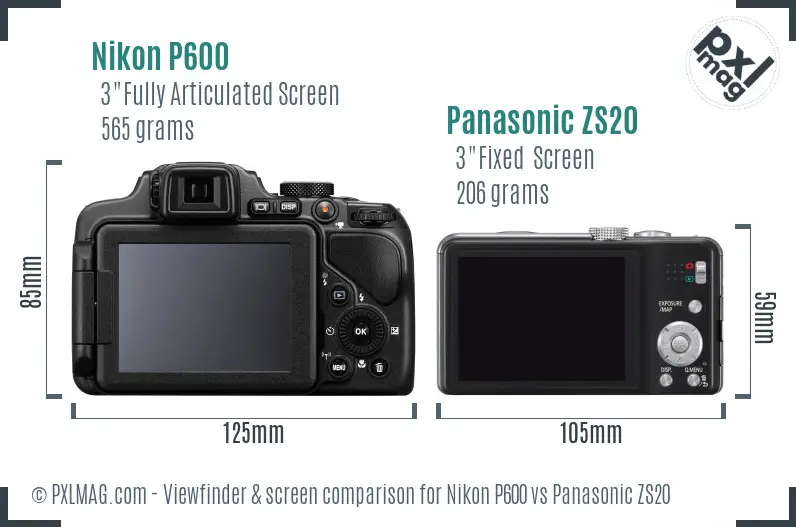 Nikon P600 vs Panasonic ZS20 Screen and Viewfinder comparison