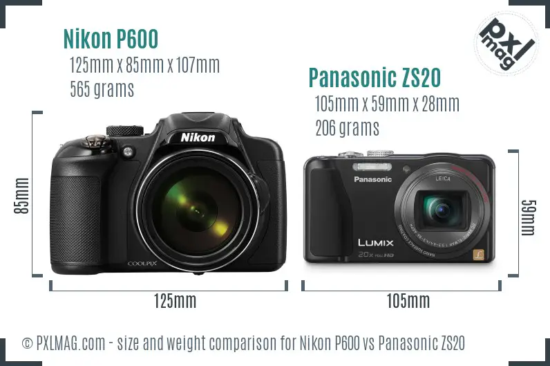 Nikon P600 vs Panasonic ZS20 size comparison